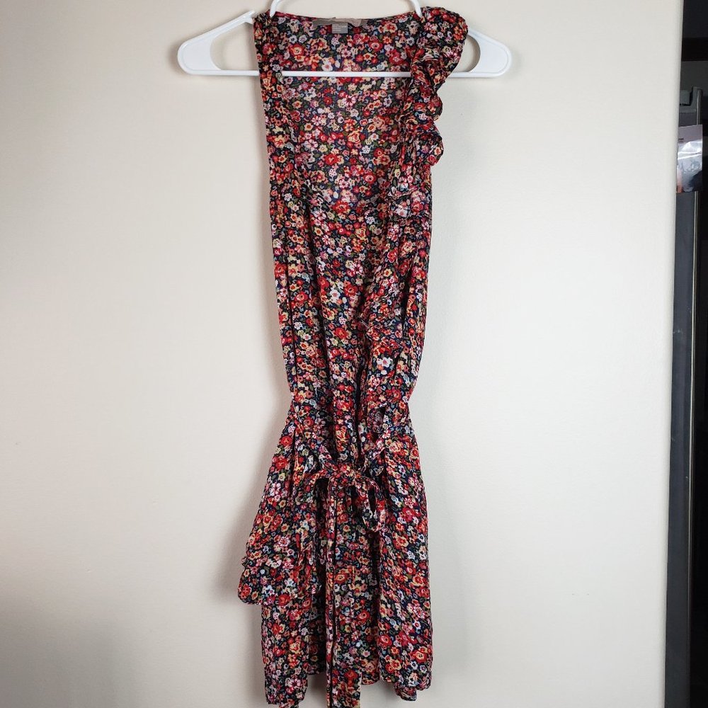 Blue Orange/Pink Floral Dress with Asymmetrical ruffle.